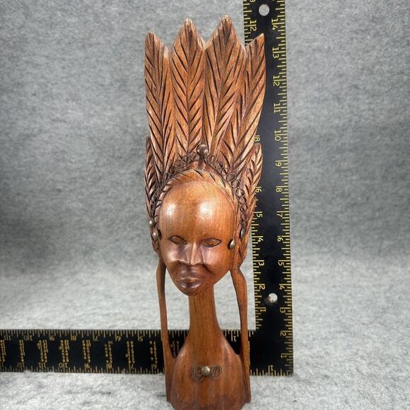MCM VTG Afro-Caribbean Hand Carved Wood Woman Head Bust Sculpture Leaf Crown - Picture 6 of 7